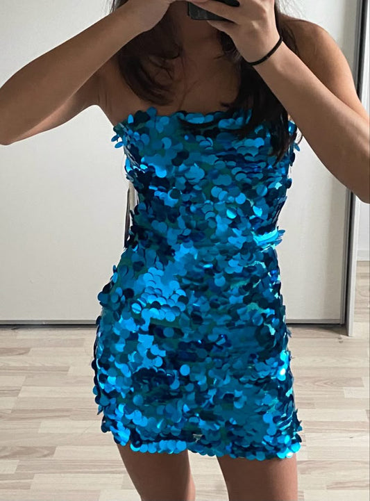 Pretty Sheath Strapless Royal Blue Sequin Short Formal Homecoming Dresses Middle School Short 21st Birthday Outfits Graduation Dress Mini Cocktail Dresses DH2250