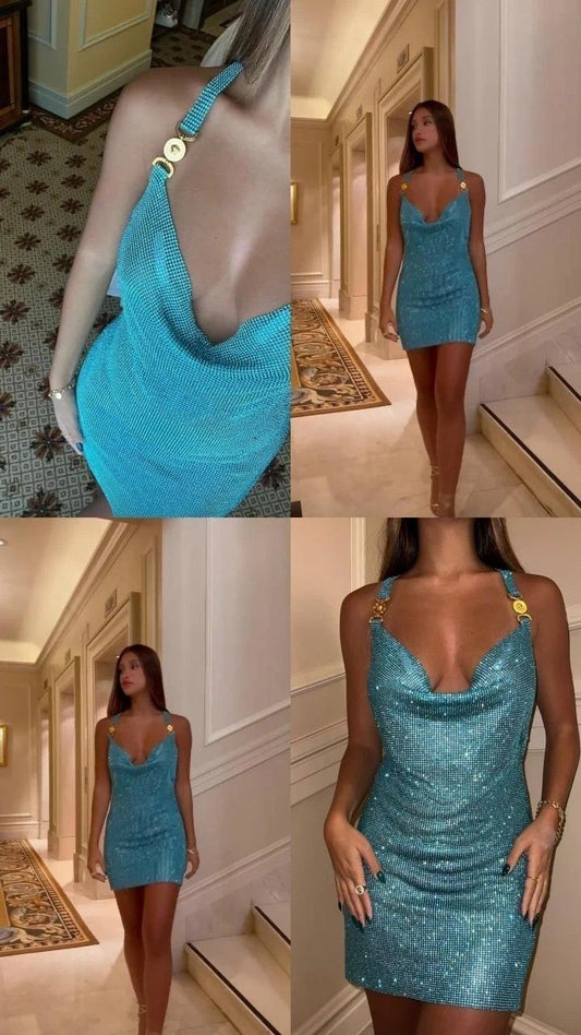 Simple Sheath Halter Blue Sequin Short Formal Homecoming Dress Middle School Short 20th Birthday Outfits Graduation Dress Cocktail Dresses DH2254