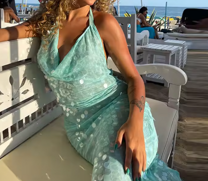 Elegant Mermaid Halter Light Green Sequin Long Prom Dresses Party Dress 21st Birthday Outfits Graduation Dresses DH2265