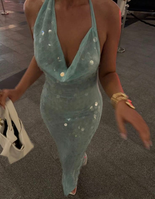 Elegant Mermaid Halter Light Green Sequin Long Prom Dresses Party Dress 21st Birthday Outfits Graduation Dresses DH2265