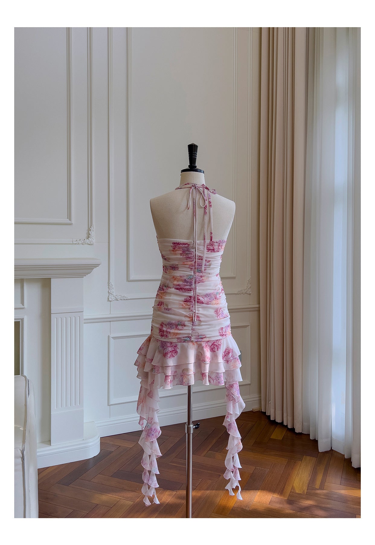 Pretty Sheath Halter Pink Floral Chiffon Short Formal Homecoming Dresses Middle School Short 21st Birthday Outfits Graduation Dress Mini Cocktail Dresses DH2289