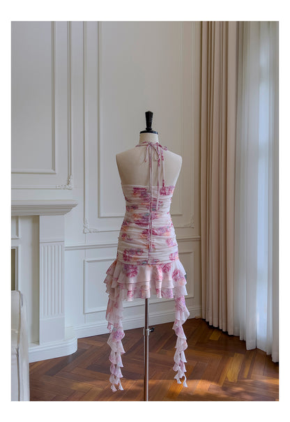 Pretty Sheath Halter Pink Floral Chiffon Short Formal Homecoming Dresses Middle School Short 21st Birthday Outfits Graduation Dress Mini Cocktail Dresses DH2289