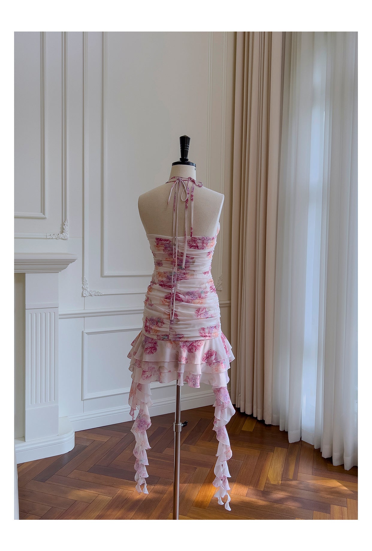 Pretty Sheath Halter Pink Floral Chiffon Short Formal Homecoming Dresses Middle School Short 21st Birthday Outfits Graduation Dress Mini Cocktail Dresses DH2289