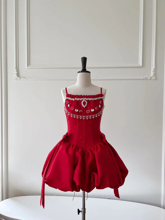 Modest Ball Gown Spaghetti Straps Satin Red Short Formal Homecoming Dress Middle School Short 18th Birthday Outfits Graduation Dress Cocktail Dresses DH2291