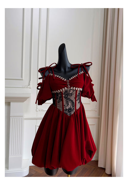 Robe de bal esthétique en velours bordeaux, courte, mini, plumes, tenue de soirée, cocktail, remise de diplôme, mini, Hoco, DH2294