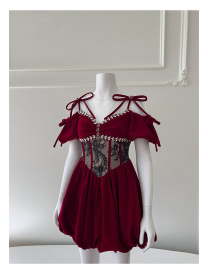 Robe de bal esthétique en velours bordeaux, courte, mini, plumes, tenue de soirée, cocktail, remise de diplôme, mini, Hoco, DH2294