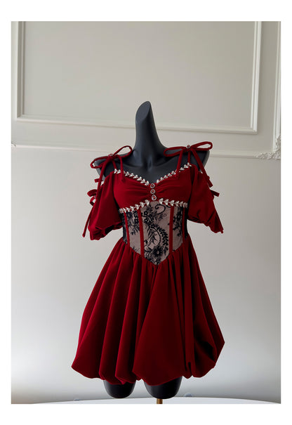 Robe de bal esthétique en velours bordeaux, courte, mini, plumes, tenue de soirée, cocktail, remise de diplôme, mini, Hoco, DH2294