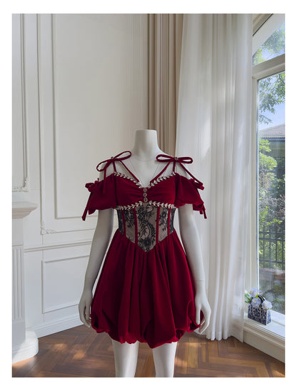 Robe de bal esthétique en velours bordeaux, courte, mini, plumes, tenue de soirée, cocktail, remise de diplôme, mini, Hoco, DH2294