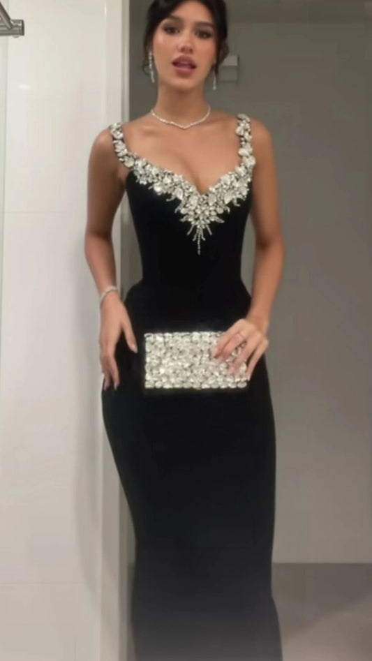 Modest Mermaid Straps Sequin Long Black Evening Party Gowns Evening Dress Special Formal Dresses Prom Dress DH2312