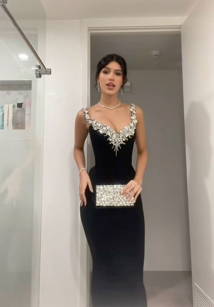Modest Mermaid Straps Sequin Long Black Evening Party Gowns Evening Dress Special Formal Dresses Prom Dress DH2312