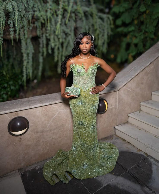 Modest Mermaid Sweetheart Sequin Long Black Girl Green Evening Party Gowns Evening Dress Special Formal Dresses Prom Dress DH2313