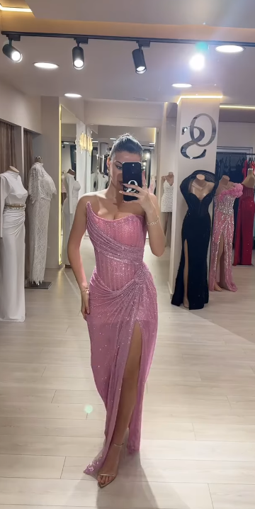 Elegant Sheath Strapless Pink Sequin Slit Long Prom Dresses Party Dress 22th Birthday Outfits Graduation Dresses DH2314