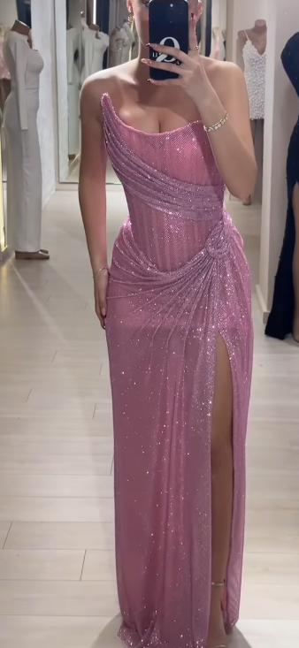 Elegant Sheath Strapless Pink Sequin Slit Long Prom Dresses Party Dress 22th Birthday Outfits Graduation Dresses DH2314