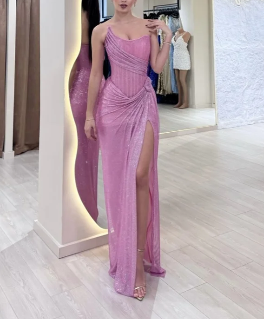 Robe de bal élégante, fourreau, bustier, rose, à paillettes, fendue, longue, tenue de soirée, pour 22e anniversaire, robe de remise de diplôme, DH2314