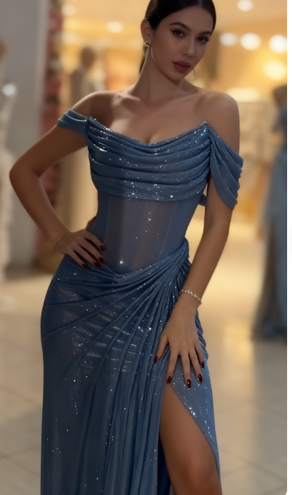 Sparkly Mermaid Off The Shoulder Blue Sequin Long Slit Evening Party Gowns Evening Dress Special Formal Dresses Prom Dress DH2318