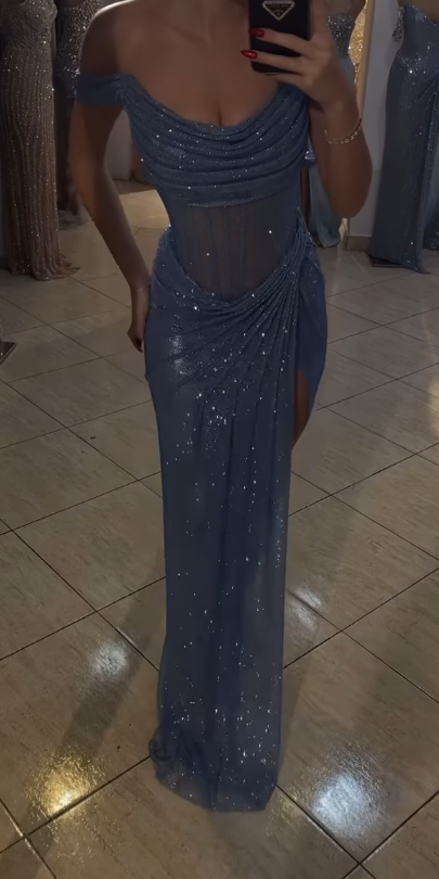 Sparkly Mermaid Off The Shoulder Blue Sequin Long Slit Evening Party Gowns Evening Dress Special Formal Dresses Prom Dress DH2318