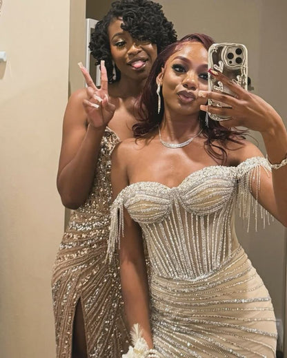 Sparkly Mermaid Off The Shoulder Champagne Sequin Long Slit Evening Party Gowns Evening Dress Special Formal Dresses Prom Dress DH2321
