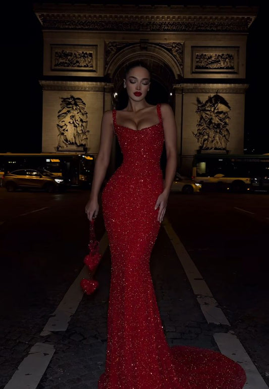 Elegant Mermaid Spaghetti Straps Sequin Red Long Prom Dresses Party Dress 18th Birthday Outfits Graduation Dresses DH2327