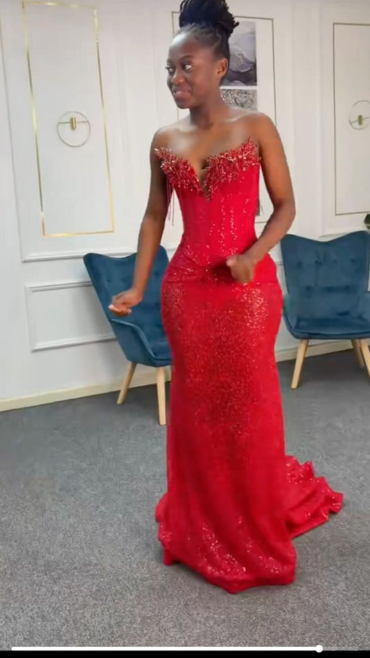 Sexy Mermaid Sweetheart Red Sequin Black Girl Long Prom Dresses Party Dress 18th Birthday Outfits Graduation Dresses DH2332