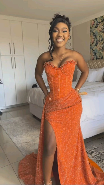 Sparkly Mermaid Sweetheart Orange Sequin Long Black Girl Evening Party Gowns Evening Dress Special Formal Dresses Prom Dress DH2337