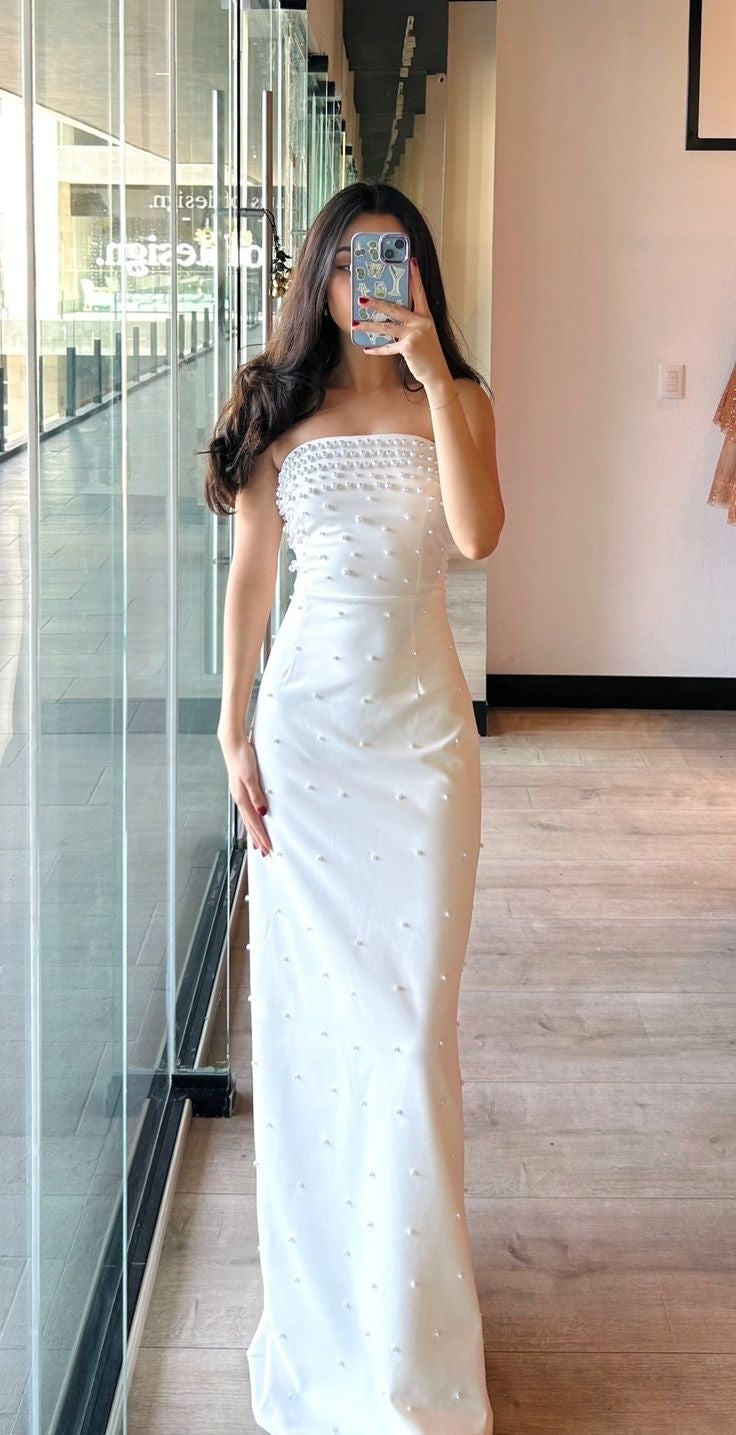 Simple Sheath Strapless Satin White Evening Party Gowns Evening Dress Special Formal Dresses Prom Dress DH2338