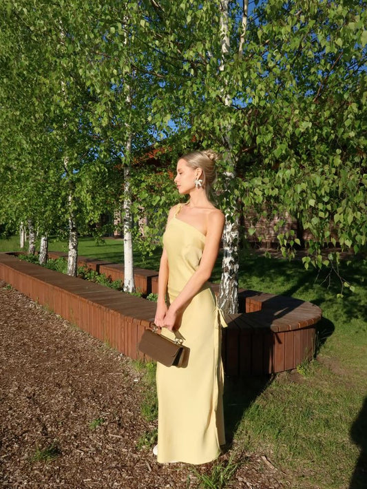 Robe de bal longue jaune élégante, asymétrique, style sirène, tenue de soirée, tenue d'invitée de mariage, DH2343