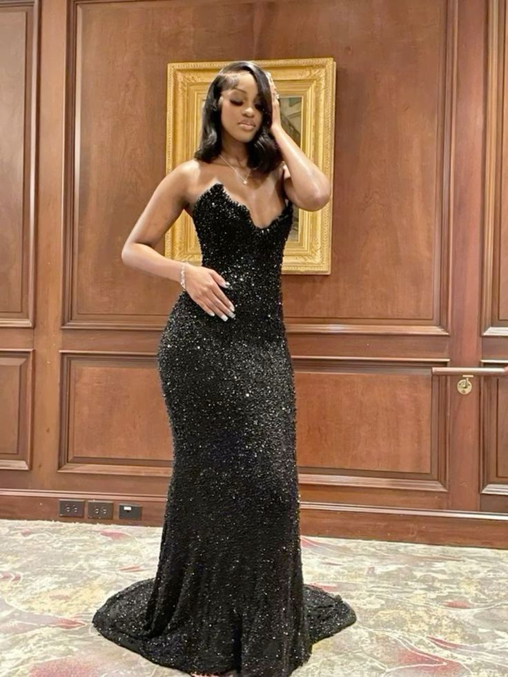 Sparkly Mermaid Sweetheart Black Sequin Long Evening Party Gowns Evening Dress Special Formal Dresses Prom Dress DH2344