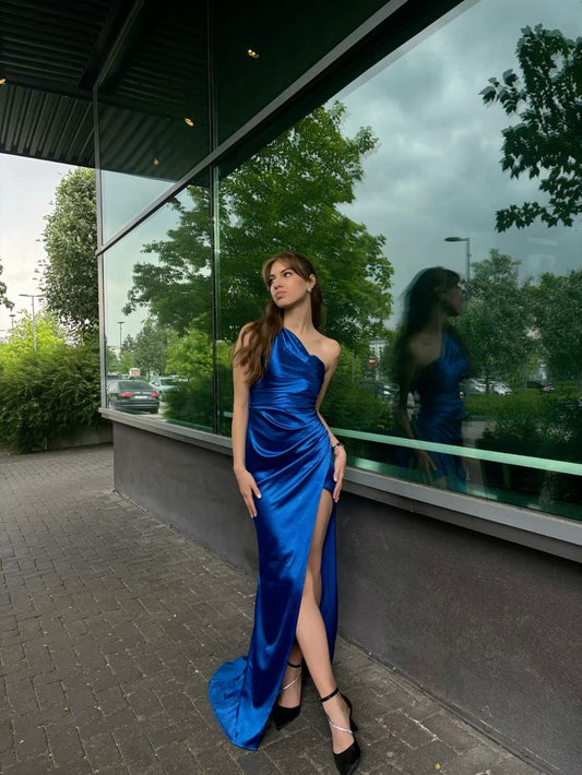 Robe de bal longue bleu royal élégante, asymétrique, style sirène, tenue de soirée, tenue d'invitée de mariage, DH2345