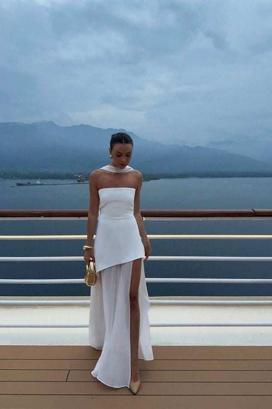 Robe de bal longue en mousseline de soie blanche, élégante, style sirène, sans bretelles, tenue de soirée, pour invitée de mariage, DH2348