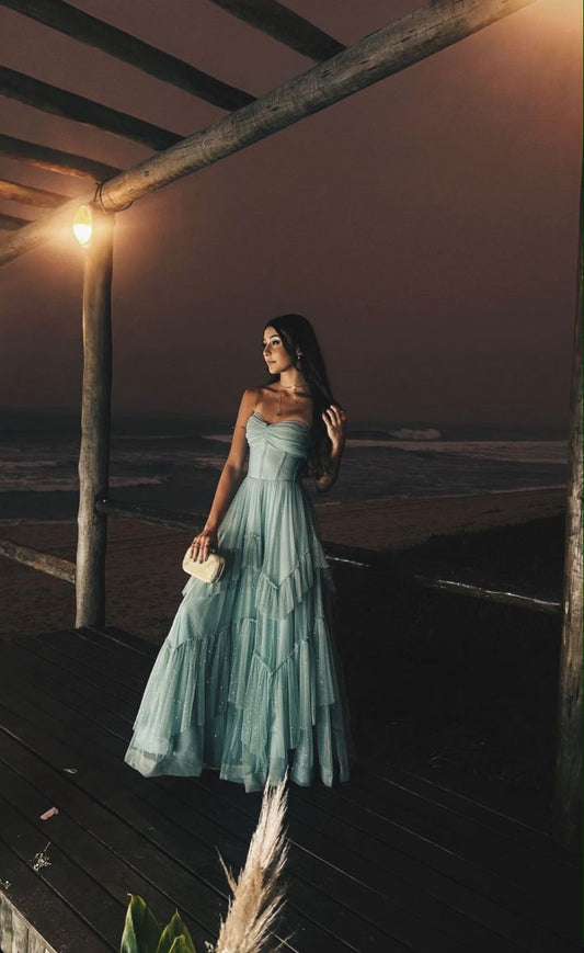 Robe de bal élégante en tulle bleu ciel, coupe trapèze, décolleté en cœur, longue, pour invitée de mariage, tenue de soirée, DH2360