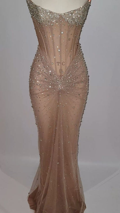 Sexy Meerjungfrau Trägerlos Champagner Ärmellos Schwarz Mädchen Abend Party Kleider Abendkleid Spezielle Abendkleider Ballkleid DH2361
