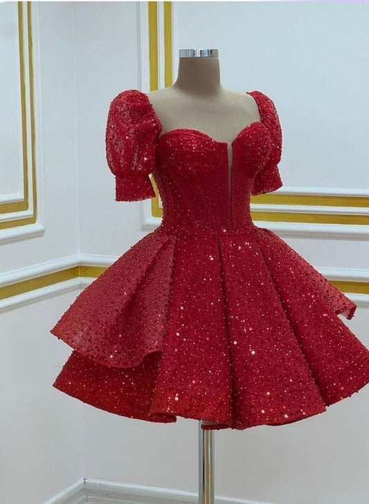 Cute Ball Gown Red Sequin Mini Short Formal 8th Grade Homecoming Dresses Summer Middle School Hoco Dress Homecoming Outfits DH237
