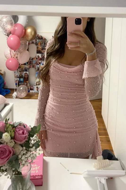 Jolie robe fourreau à col carré et paillettes roses, tenue de soirée, tenue d'anniversaire, robe de remise de diplôme, robe de cocktail courte, DH2373