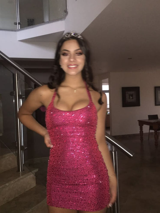 Jolie robe fourreau dos nu à paillettes roses, tenue de soirée, tenue d'anniversaire, robe de remise de diplôme, robe de cocktail courte, DH2379