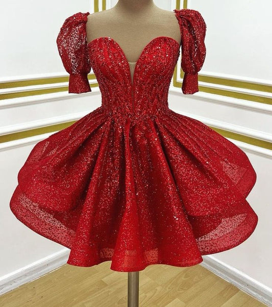 Cute Ball Gown Red Sequin Mini Short Formal 8th Grade Homecoming Dresses Summer Middle School Hoco Dress Homecoming Outfits DH238