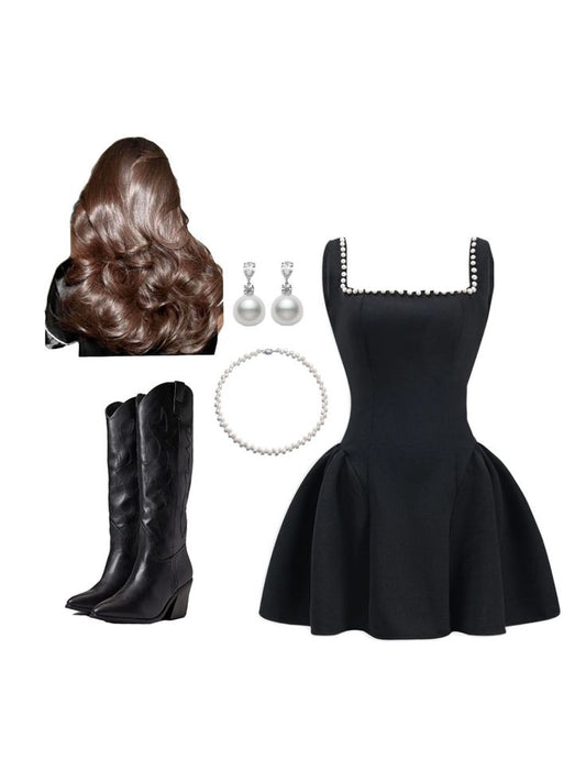 Jolie robe de bal à col carré en satin noir, tenue de soirée formelle pour 21e anniversaire, robe de remise de diplôme, robe de cocktail courte et courte DH2392