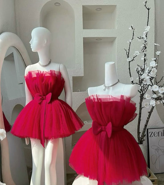 Trendy Ball Gown Strapless Red Tulle Mini Short Formal 8th Grade Homecoming Dresses Summer Middle School Hoco Dress Homecoming Outfits DH240