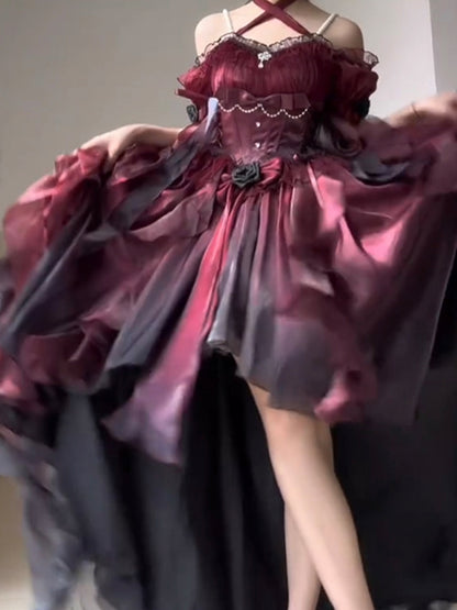 Vintage Ball Gown Off The Shoulder Half Sleeves 21st Birthday Dress Lolita Dress Burgundy Birthday Outfits DH2419
