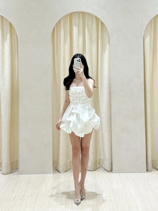 Trendy Ball Gown Strapless White Satin Mini Short Formal 8th Grade Homecoming Dresses Summer Middle School Hoco Dress Homecoming Outfits DH242