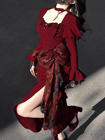 Vintage Mermaid Square Neck Burgundy Satin Long Summer 18th Birthday Dress Lolita Dress 18th Birthday Outfits Lolita Outfit DH2440