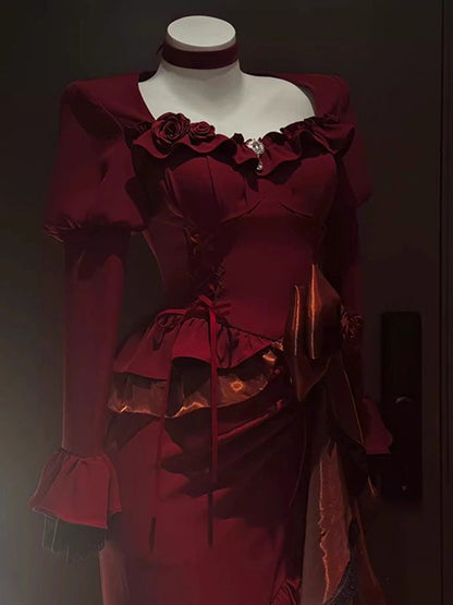 Vintage Mermaid Square Neck Burgundy Satin Long Summer 18th Birthday Dress Lolita Dress 18th Birthday Outfits Lolita Outfit DH2440