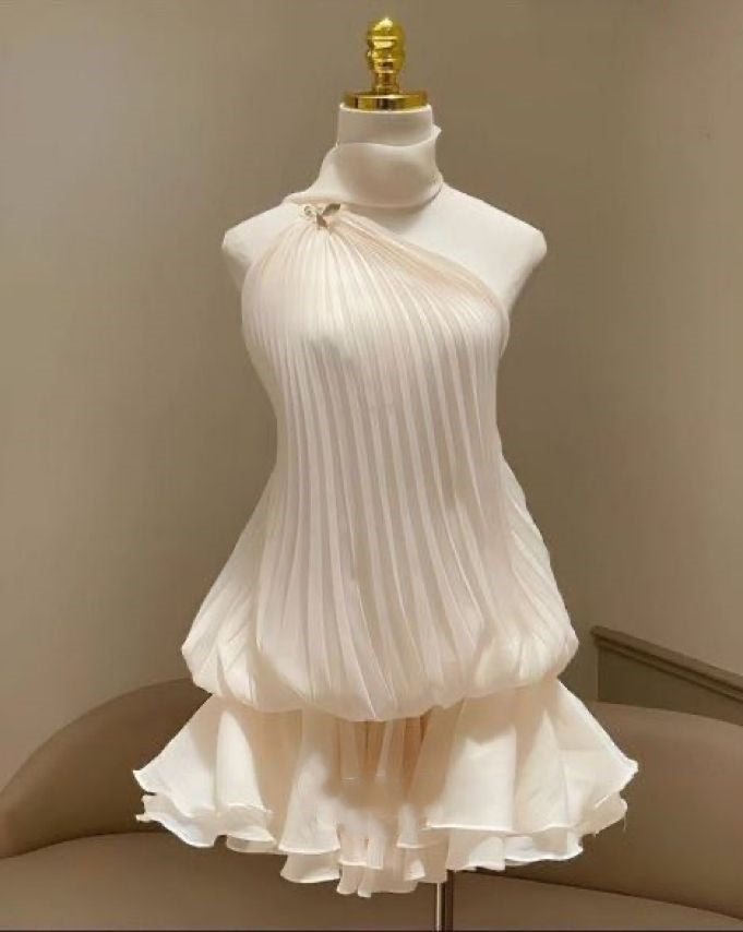 Jolie robe de soirée trapèze asymétrique en mousseline blanche, tenue de soirée courte pour 21e anniversaire, robe de remise de diplôme, mini robe de cocktail DH2451
