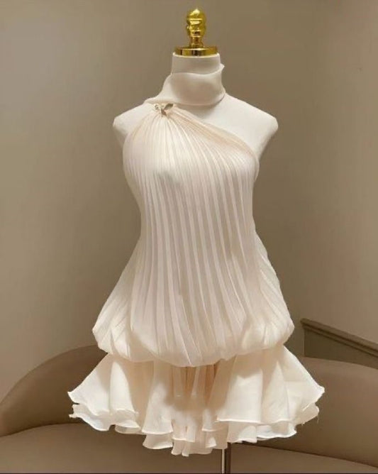 Jolie robe de soirée trapèze asymétrique en mousseline blanche, tenue de soirée courte pour 21e anniversaire, robe de remise de diplôme, mini robe de cocktail DH2451