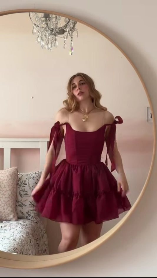 Jolie robe de bal à col carré en mousseline bordeaux, tenue de soirée formelle pour 21e anniversaire, robe de remise de diplôme, robe de cocktail courte et courte DH2452