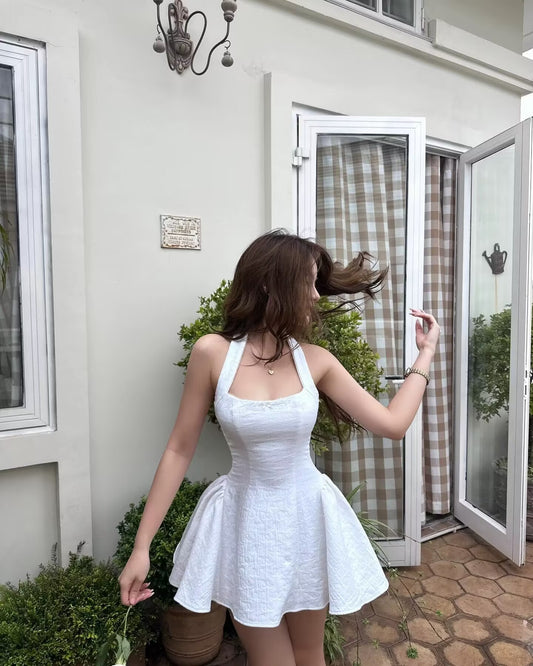 Jolie robe de bal blanche à col licou, tenue de soirée formelle pour 21e anniversaire, robe de remise de diplôme, robe de cocktail courte et courte DH2465