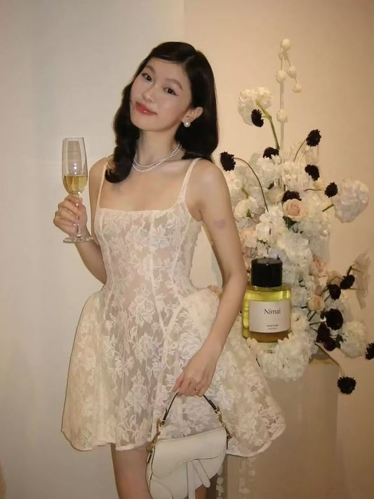 Jolie robe de soirée trapèze en dentelle blanche à col carré, tenue courte pour 16e anniversaire, robe de remise de diplôme, mini robe de cocktail DH2473