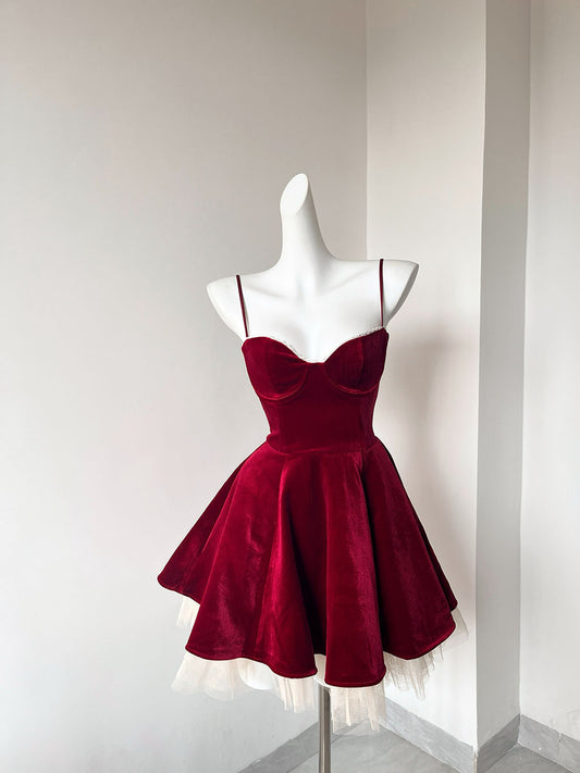 Robe de soirée courte en velours à bretelles spaghetti, coupe trapèze, tenue de soirée pour 16 ans, robe de remise de diplôme, mini robe de cocktail DH2476