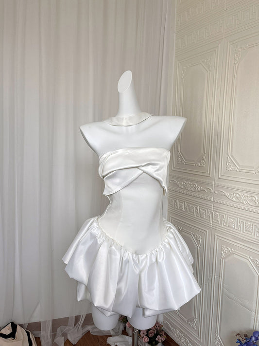 Jolie robe de soirée trapèze bustier en satin blanc, tenue de soirée pour 21e anniversaire, robe de remise de diplôme, robe de cocktail courte et mini, DH2480