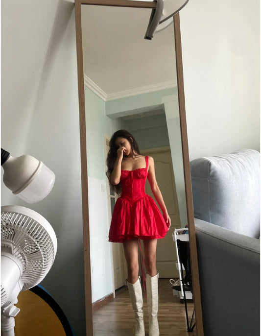 Robe de soirée trapèze rouge en dentelle à col carré et jolie robe de cocktail courte d'été Hoco DH2545