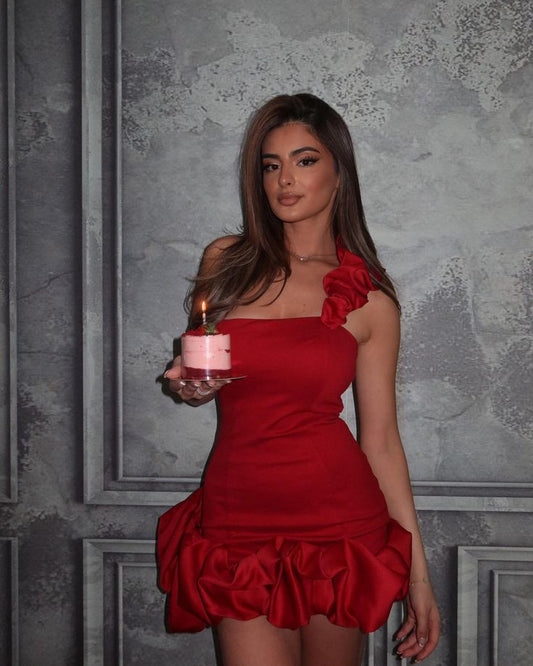 Jolie robe fourreau asymétrique rouge de soirée, tenue de soirée pour 21e anniversaire, robe de remise de diplôme, robe de cocktail courte et courte DH2488